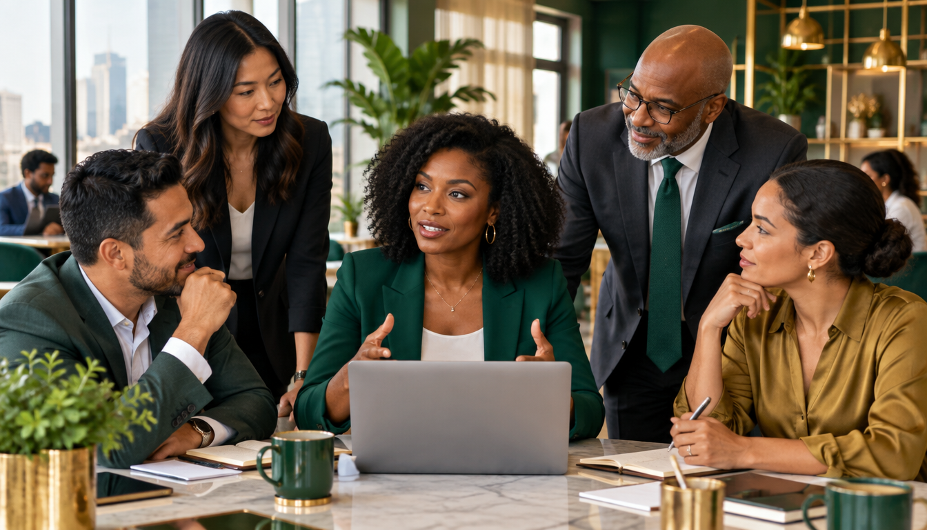Diverse professionals collaborating around a laptop in a modern coworking space